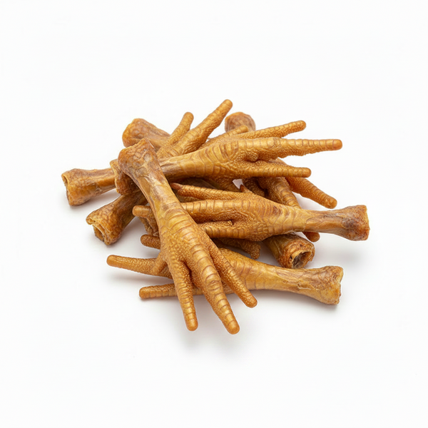 Natural chicken feet dog treats on white background.