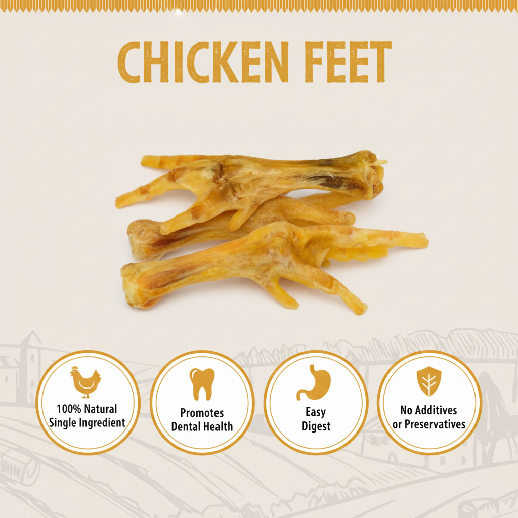 Natural chicken feet dog treats on white background.
