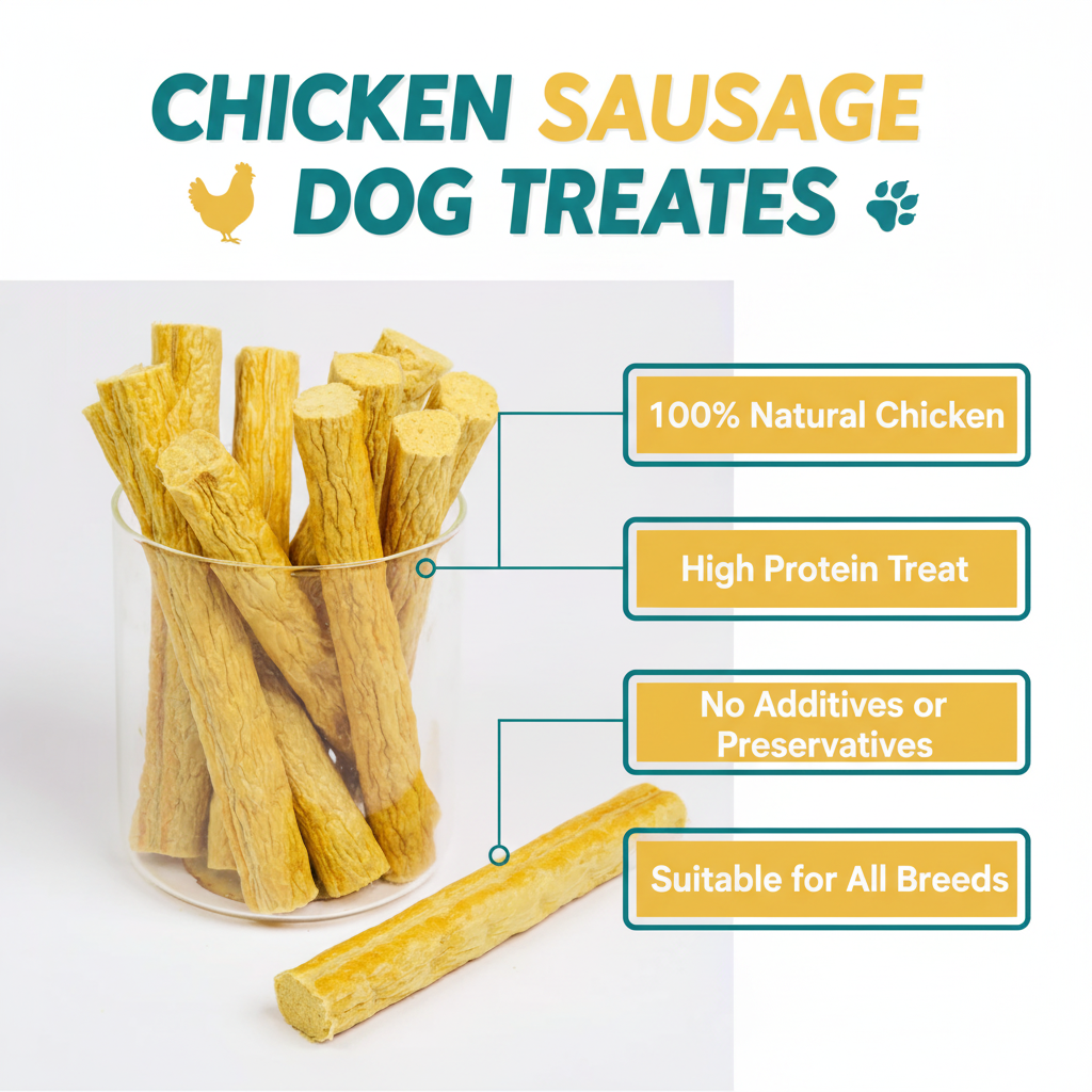 Premium chicken sausage dog treats in a bag.