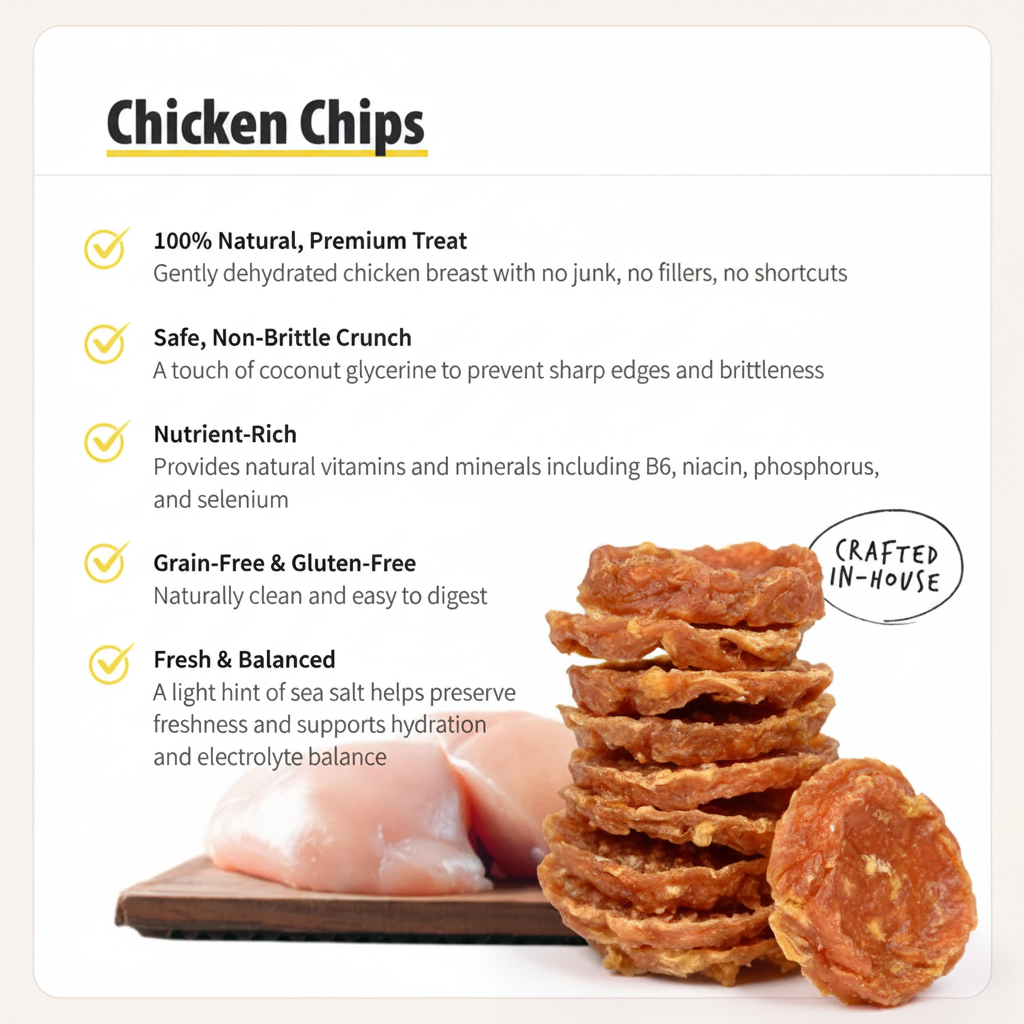 Talis Treats 6 oz bag of natural chicken dog chips with clear "Talis Treats" logo.