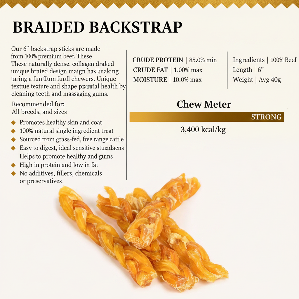 Braided beef backstrap dog chews, natural and healthy.