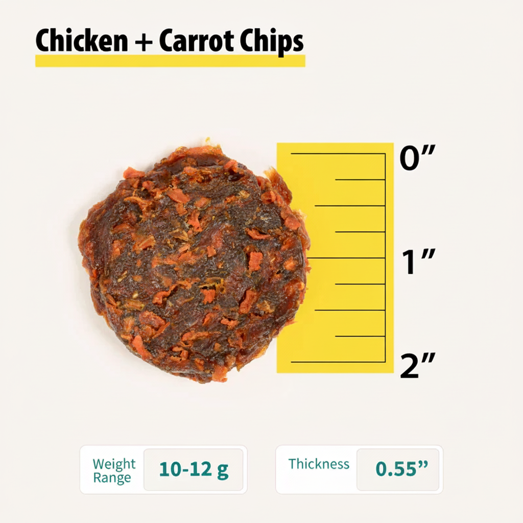 Chicken and carrot dog treats in a bag, promoting healthy snacking.
