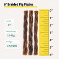 Six 6-inch braided pig pizzle dog treats in packaging.