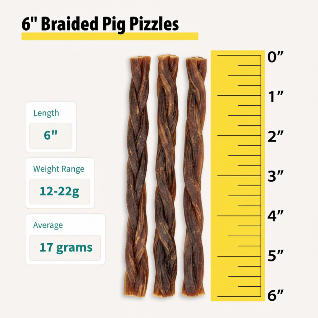 Six 6-inch braided pig pizzle dog treats in packaging.