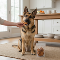 Talis Treats 6 oz bag of natural chicken dog treats with a dog enjoying a treat.