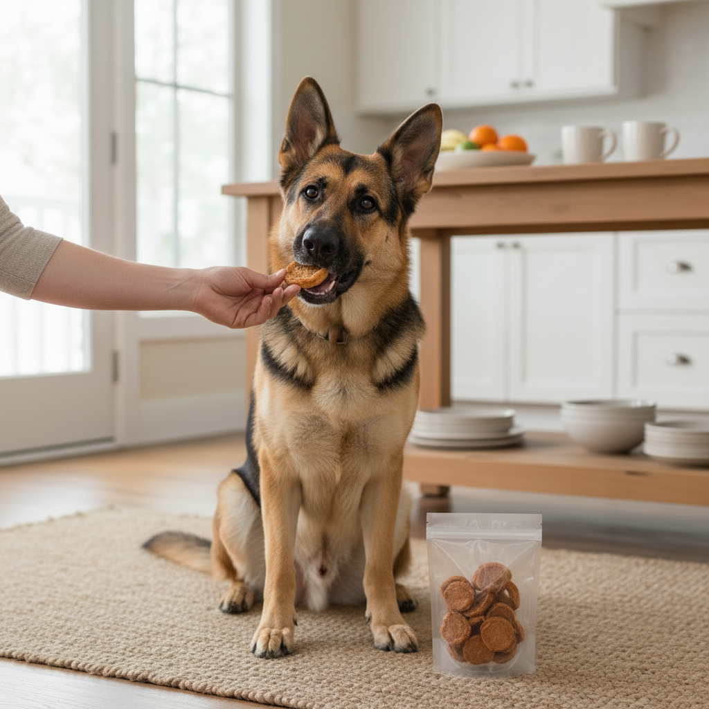 Talis Treats 6 oz bag of natural chicken dog treats with a dog enjoying a treat.