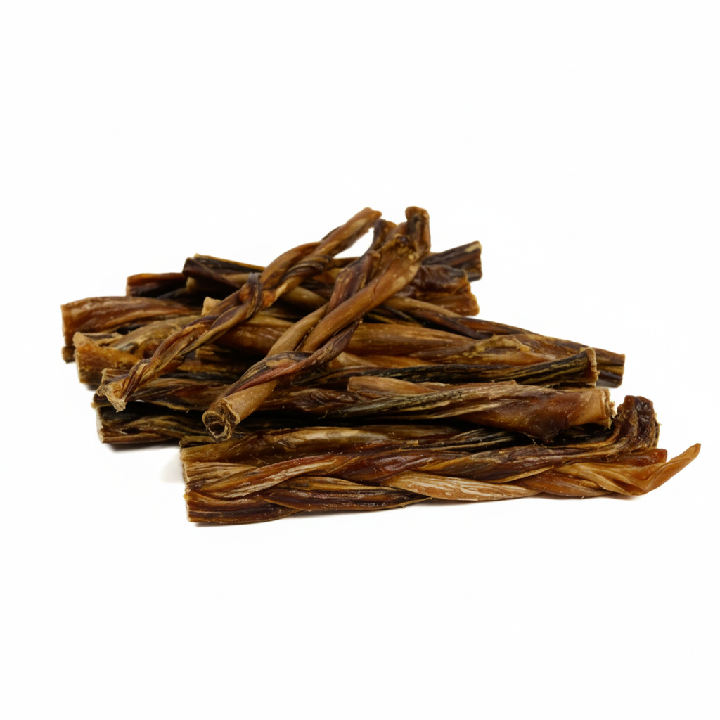 Braided pig pizzle dog treats, 6-inch, 6 count.