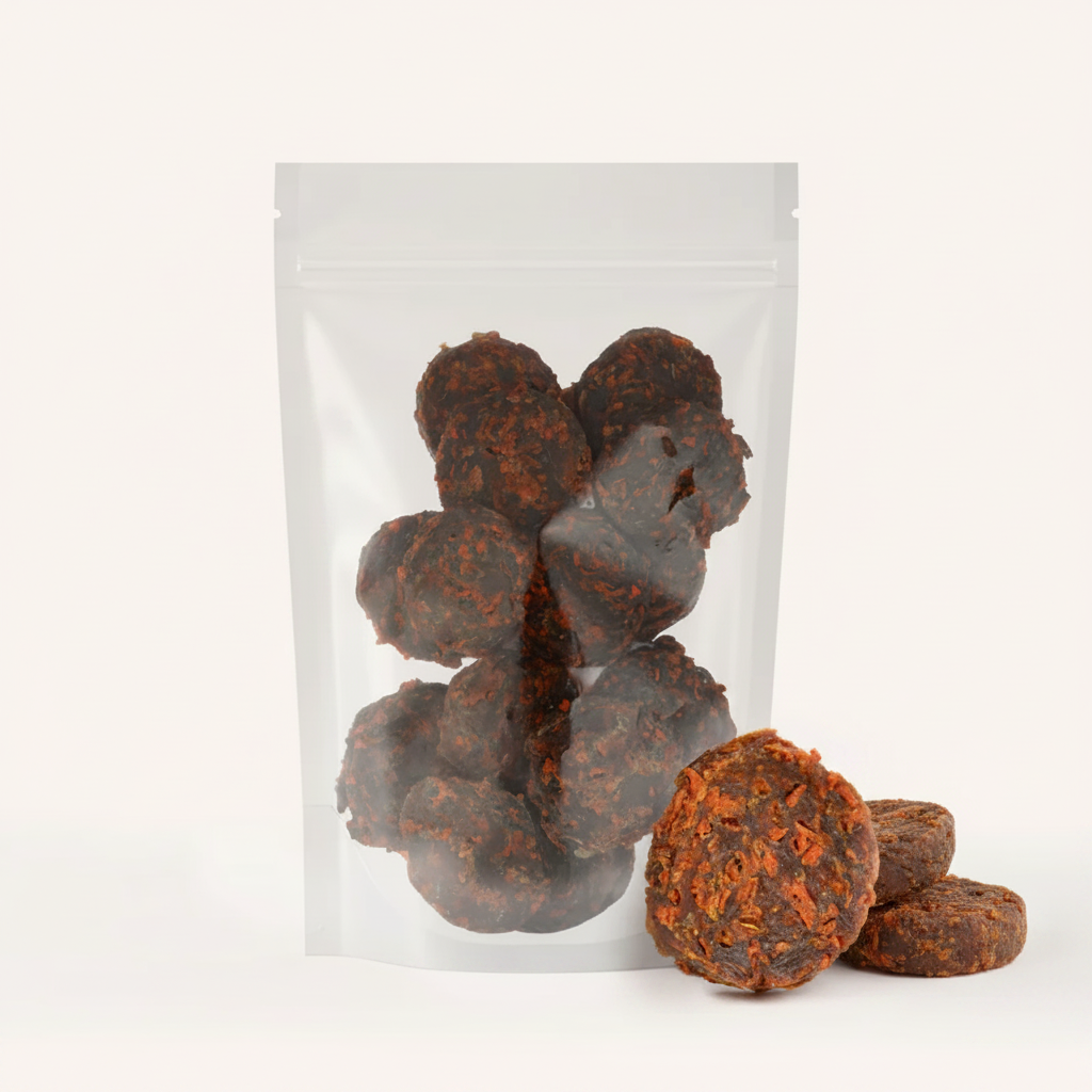 Chicken and carrot dog treats in a bag, promoting healthy snacking.