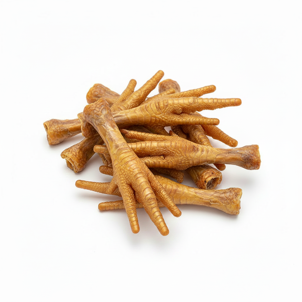 Natural chicken feet dog treats on white background.