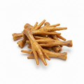 Natural chicken feet dog treats on white background.